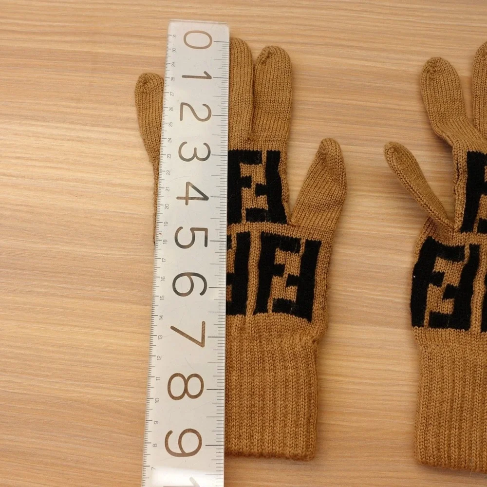 FENDI Italian Wool Gloves 7 S‎ Womens Zucca FF Camel Black Knit Maglia Luxury 42